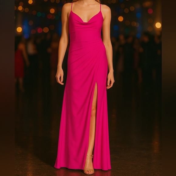 🆕🌸GB Hot Pink Ruched Satin Prom Wedding Party Maxi Dress Evening Size 9 - Picture 3 of 17